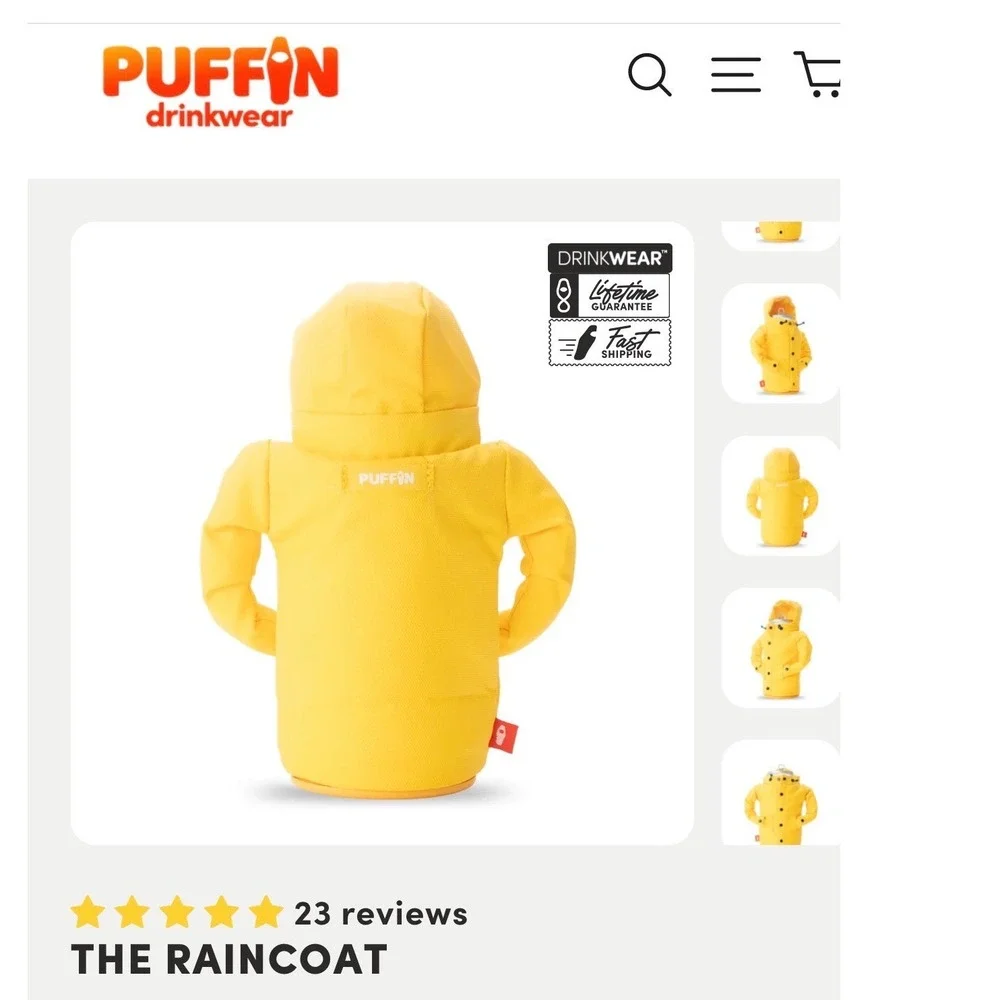 NEW PUFFIN Raincoat Drink Koozie Yellow Novelty Beer Can Bottle Holder Sleeve